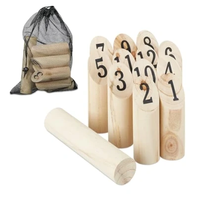 Afbeelding van Relaxdays viking kubb spel met getallen hout opbergzak