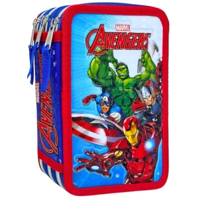 Afbeelding van Clondo Trousse triple pour enfants, garçons et filles, 44 accessoires scolaires, 3 fermetures éclair, crayons de couleur, feutres, ciseaux, Avengers25, à