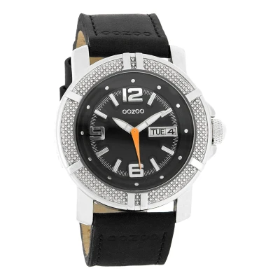 Afbeelding van OOZOO Timepieces Zilverkleurige horloge met zwarte leren band C4109