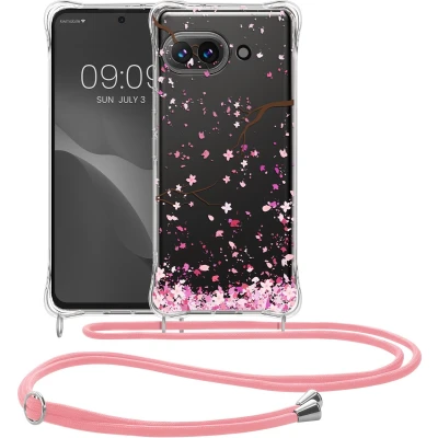 Afbeelding van kwmobile telefoonhoesje geschikt voor Google Pixel 9a Hoesje met telefoonkoord Back cover smartphone Case in poederroze / donkerbruin transparant