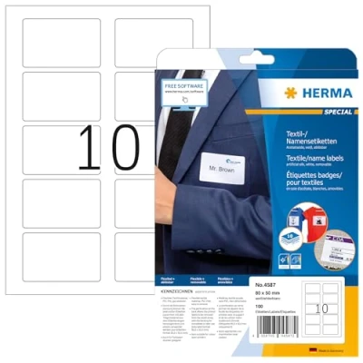Afbeelding van HERMA 4587 Set van 10 vellen afneembare naamlabels, 80 x 50 mm, per A4 vel, zelfklevend, bedrukbaar, verwijderbaar zonder resten achter te laten, wit