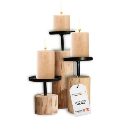 Afbeelding van TOPANBIETER 999 Set van 3 kandelaars in rond design eucalyptushout en metaal, hoogte 8 22 cm, elegante voor stompkaarsen, moderne tafeldecoratie, zwart/bruin