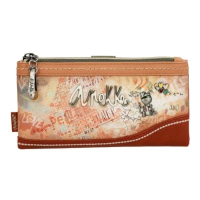 Afbeelding van Anekke Zachte all in one portemonnee uit de collectie Flowers Grote kaarthouder voor dames originele inspiratie jaren 60 20 x 11 4 cm Kleur: camel, bruin, Bruin