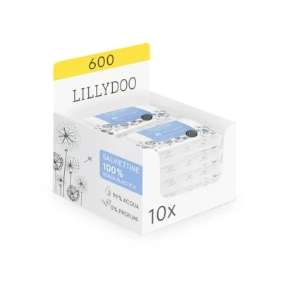 Afbeelding van LILLYDOO Vochtige babydoekjes met 99% water, 10 verpakkingen van 60 stuks (600 doekjes), 100% biologisch afbreekbare doekjes zonder geur en zo zacht als katoen water (FSC Mix)