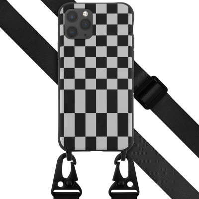 Afbeelding van Selencia hoesje Geschikt voor iPhone 11 Pro met koord Siliconen design afneembaar Zwart / Irregular Check Black