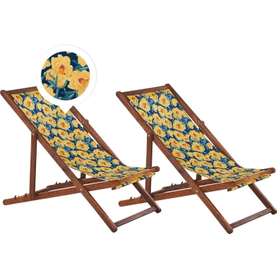Afbeelding van ANZIO Strandstoel set van 2 Lichthout/Geel/Bloemen Polyester