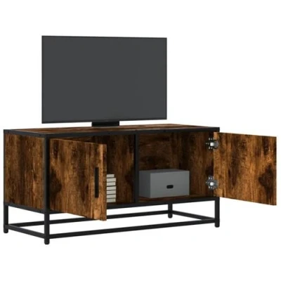Afbeelding van Tv meubel 80x34,5x40cm bewerkt hout metaal gerookt eikenkleurig