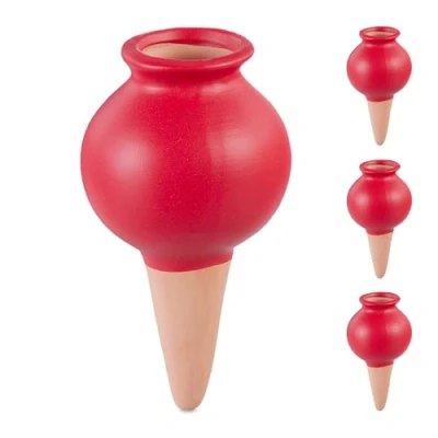 Afbeelding van Relaxdays waterdruppelaar keramiek set van 4 watergeefsysteem kamerplanten rood