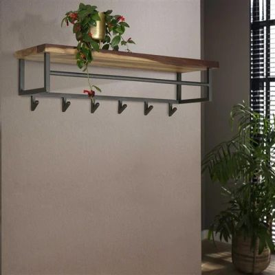 Afbeelding van Hoyz Kapstok Daytona met 6 Haken Hoedenplank Massief Saja hout Bruin 100x30x27