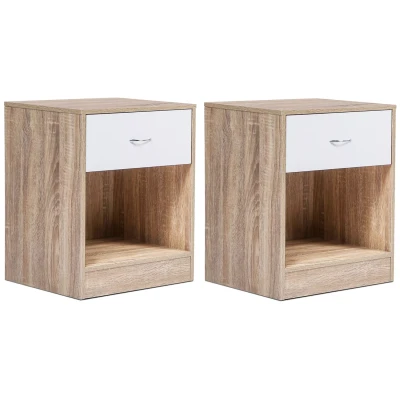Afbeelding van Lot de 2 tables chevet OLGA bois façon hêtre et tiroir blanc