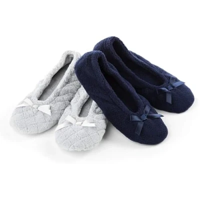 Afbeelding van Isotoner Set van 2 ballerina&#039;s, gewatteerd, robuust, ballerina&#039;s voor dames, Lichtgrijs gewatteerd marineblauw effen
