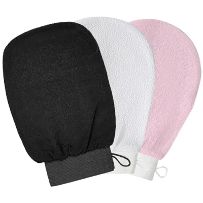 Image de 3x Gant Exfoliant corps, Gommage Corps avec cordon de suspension, Gants Exfoliants pour le toilette exfoliant, Sensation Spa Agréable Sans Savon Noir &amp; Rose Blanc