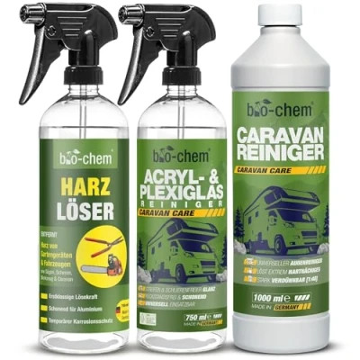 Afbeelding van bio chem 3 delige caravanverzorgingsset 1 x 1000 ml caravanreiniger + acryl en plexiglasreiniger 750 hars verwijderaar voor camper,