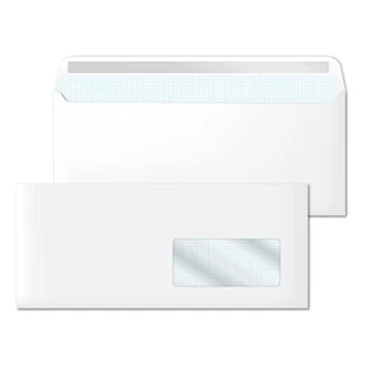 Afbeelding van 100 witte Amerikaanse papieren enveloppen met venster rechts, afmetingen 225 x 115 mm, voor brieven en documenten, 90 g/m² zelfklevende sluiting, m office