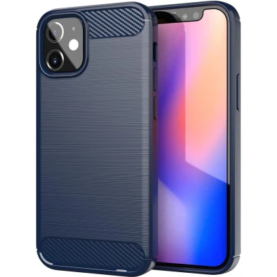 Afbeelding van Cadorabo Hoesje geschikt voor Apple iPhone 12 MINI in BRUSHED BLAUW Beschermhoes van flexibel TPU siliconen roestvrij staal carbonvezel look Case Cover