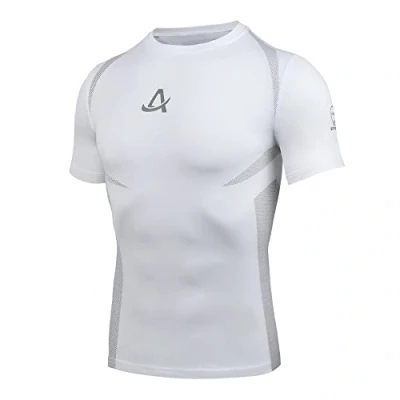 Afbeelding van AMZSPORT Compressietop voor heren, korte mouwen, basislaag, atletisch, hardloopshirt, koel droog gym, 112018 wit