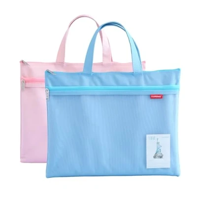 Afbeelding van Lot de 2 porte documents A4 avec fermeture éclair, en nylon, étanche, double pour étudiant, bureau, sac voyage (bleu rose)