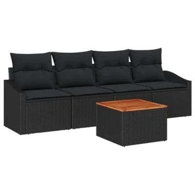 Afbeelding van vidaXL 5 delige Tuinbank Set met Kussens Zwart Poly Rattan Acacia