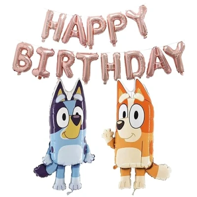 Afbeelding van Toyland® Bluey &amp; Bingo 2 stuks folieballonnen met karakter van 80 cm en 1 roségouden Happy Birthday banner 40,6 cm, feestdecoraties voor kinderen