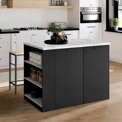 Image de Ilot central TIBO 120 cm bois noir avec plan de travail effet marbre ALASKA