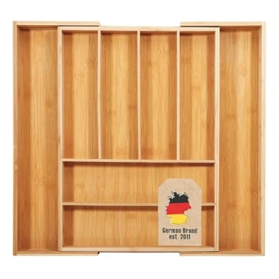 Afbeelding van Intirilife Bestekbak lade organizer van bamboe, uittrekbaar tot 8 vakken, 33 50 x 43 5 cm, in grootte verstelbaar, inzetstuk, voor bestek, keukengerei, gereedschap