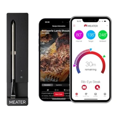 Afbeelding van MEATER SE Draadloze intelligente vleesthermometer met bluetooth, meet de interne en kamertemperatuur, perfect voor oven, grillen, keuken, barbecue, braden, uitgerust een zwarte oplader
