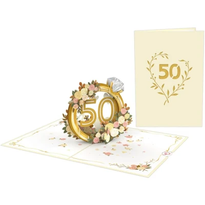 Afbeelding van papercrush® gouden pop up kaart voor bruiloft Elegante 3D wenskaart bruiloft, cadeaukaart de 50e huwelijksverjaardag (vrouwen en mannen), zilveren geschenkverpakking,