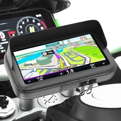 Afbeelding van Turnaroundtech Mobiele telefoonhouder voor motorfiets, waterdicht, met oplader, 2,1 A, snelle verbinding, ontspiegeld vizier, geschikt smartphones tot 7,5 inch, bevestiging aan het stuur