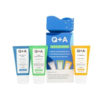 Afbeelding van Q+A Bodycare Heroes Giftset 3 staps huidverzorgingsroutine: Salicylzuur Body Wash, AHA Exfoliator Scrub &amp; Vitamine C Cream, Reisformaat van 50 ml elk, Exfolieert, Verzacht Straalt