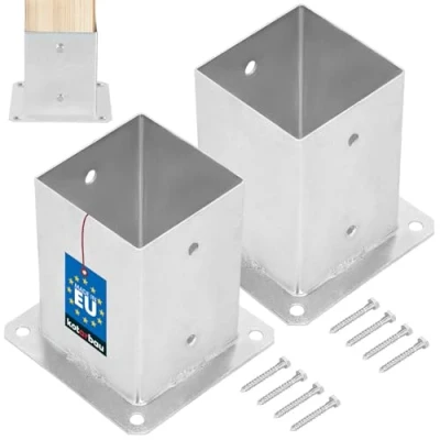 Afbeelding van KOTARBAU® Set van 2 paalhouders voor schroeven, 100 x mm, vierkant, bodemhuls, paalhouder staal, thermisch verzinkt, zilver, paalhouder, hout, paalbevestiging, hout