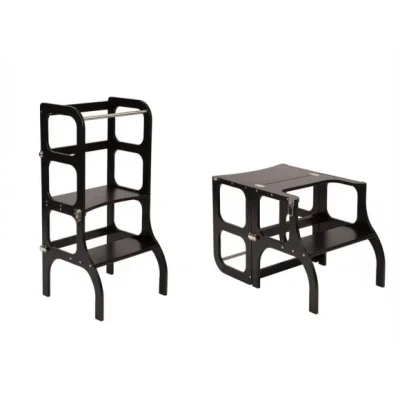 Afbeelding van Ette Tete Step &#039;n Sit Leertoren Zwart met gouden clips Inklapbaar tot tafel en stoel Learning Tower Montessori inspired Keukentrap Keukenhulp Leerstoel Veilig Duurzaam