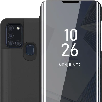 Afbeelding van Cadorabo Hoesje geschikt voor Samsung Galaxy A21s in TOERMALIJN ZWART Clear View Spiegel Beschermende Case met Tribunefunctie 360 Graden Bescherming Book Cover Etui