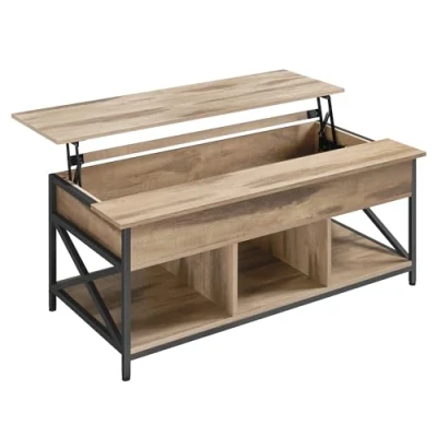 Afbeelding van VASAGLE Salontafel, woonkamertafel met opklapbaar dienblad, open opbergruimte en verborgen vak, stangen in x vorm, 60 120 (48 62), rustiek bruin zwart LCT215K50