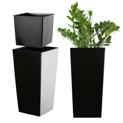 Afbeelding van KADAX Bloempot, bloembak van kunststof, plantenbak voor bloemen, binnen en buiten, tuin, balkon, terras, huis, weerbestendig, imitatie rotan (36 cm hoog, matzwart