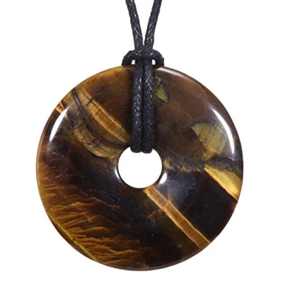 Afbeelding van Morella dames ketting 80 cm met donut edelsteen hanger tijgeroog in sieradenzakje