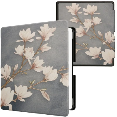 Afbeelding van kwmobile E reader hoesje geschikt voor Amazon Kindle Scribe (2024) hoes flip case met magnetische sluiting Ereader cover Magnolia design in taupe / wit blauwgrijs