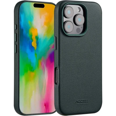 Afbeelding van Accezz Hoesje Geschikt voor iPhone 16 Pro MagSafe Leather Backcover donkergroen