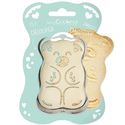 Afbeelding van ScrapCooking 2102 Houten uitsteekvorm &amp; Embosser Set Roestvrijstalen Teddybeer voor koekjes in reliëf Vorm accessoires zandbakken Dieren, Schattige Beer