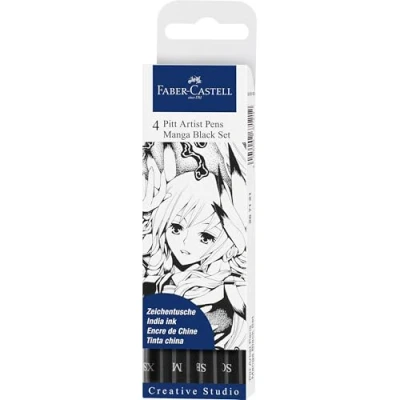 Afbeelding van Faber Castell Creative Studio Pitt Artist Pen Indiase inktpen, zwart, portfolio van 4, voor kunst, handwerk, tekenen, schetsen, thuis, school, universiteit, kleuren