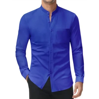 Afbeelding van DEMEANOR Stretch overhemd zonder kraag voor heren, lange mouwen, slim fit, kreukvrij, opstaande kraag, Klein blauw