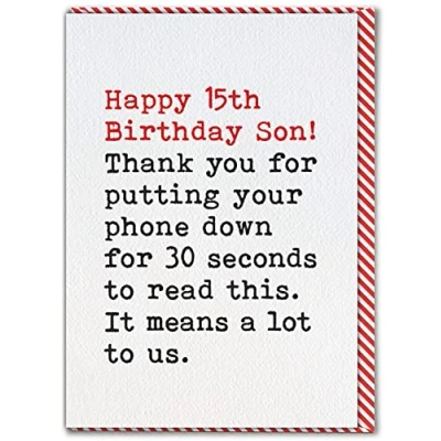 Afbeelding van Brainbox Candy grappige verjaardagskaart voor de 15e verjaardag zoon &quot;Putting Phone Down&quot; Happy Birthday Son 15 jaar brutale kaart van mama papa ouders Zijn Fifteenth