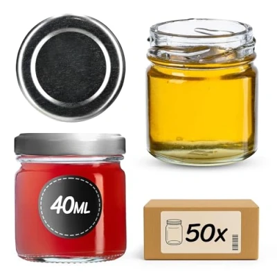 Afbeelding van KADAX Set van 50 mini weckpotten, rond, 40 ml, met schroefdeksel, reageerpotten, jampotten, kleine honingpotten, ronde potten (zilverkleurig deksel)