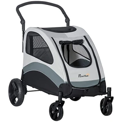 Afbeelding van Pawhut hondenbuggy, hondenbuggy met 4 wielen, voor kleine en middelgrote honden netvenster, opvouwbare Oxford doek, grijs + zwart 107 x 72 102 cm