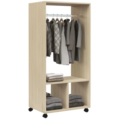 Afbeelding van HOMCOM kledingkast, rek, 2 nissen, 4 zwenkwielen, afmetingen: 60 x 40 128 cm, natuurlijk hout