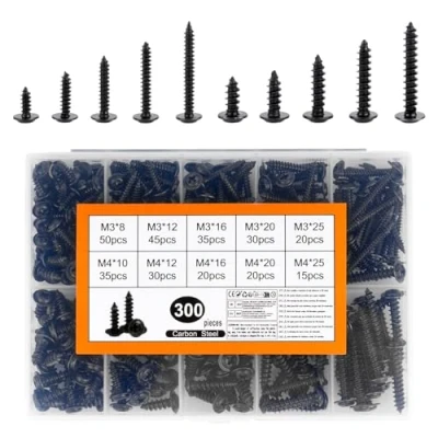 Afbeelding van Lot de 300 vis à tôle autotaraudeuses en métal M3 M4 tête plate Noir bois Kit carrosserie Assortiment