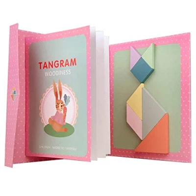 Afbeelding van NIWWIN Magnetische houten tangram, puzzelspel, bouwsteenspeelgoed, reisspel, mentale oefening, IQ boek met oplossingen, educatief speelgoed voor kinderen, 3, 4, 5, 6 jaar. (roze)