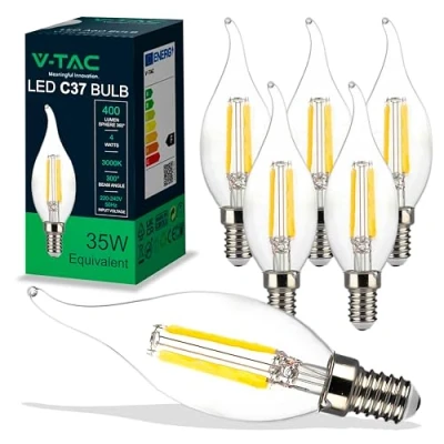 Afbeelding van V TAC 6 x led gloeilampen, filament, kaars, E14 4 W (komt overeen met 35 W), 400 lumen, 3000 K, warmwit, opening van de lichtstraal 180 graden, lamp maximale efficiëntie en energiebesparing