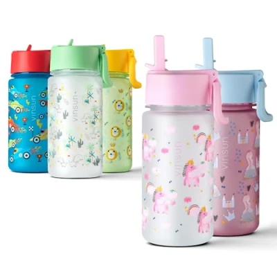 Afbeelding van VINSUN Drinkfles voor kinderen, met rietje, 500 ml, Tritan, BPA vrij, lekvrij, licht, kleuterschool, school, sport, roze, eenhoorn