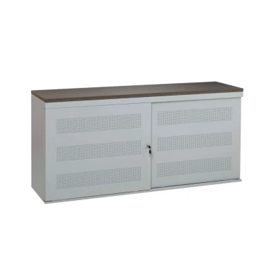 Afbeelding van Schuifdeurkast met geperforeerde deuren breed 160CM diep 45CM hoogte 72,5CM bladkleur Wit framekleur Aluminium (RAL9006)