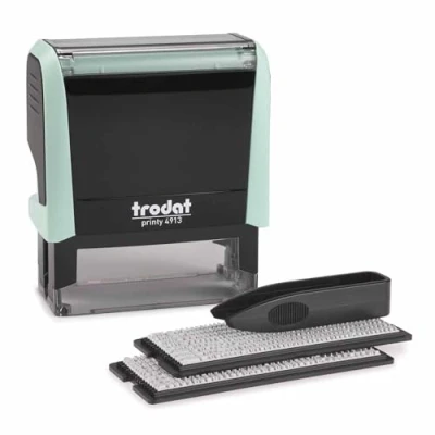 Image de Trodat Printy 4913 Kit de tampons vert pastel à faire soi même 5 lignes texte, empreinte 58 x 22 mm, allemand, avec pincette, encreur noir &amp; ensemble lettres et chiffres en deux tailles